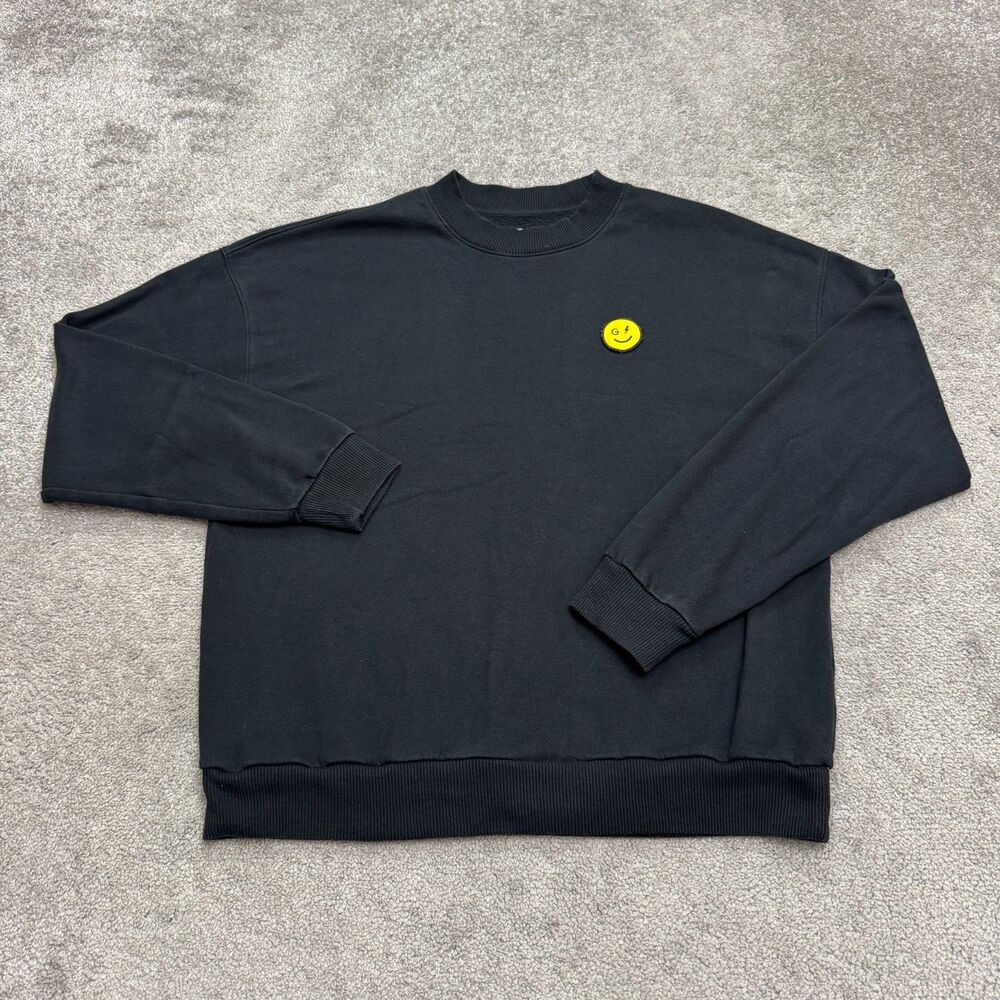 Gilly Hicks Oversized Smiley Pullover Sweatshirt Unisex Medium Black Crew Fleece